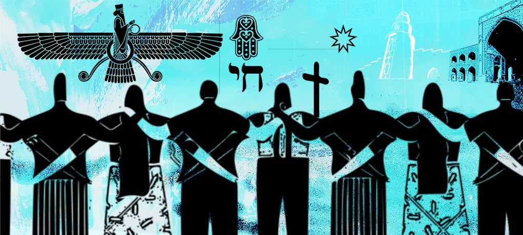Image of people arm in arm with diverse religious symbols